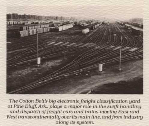 Photo of the completed gravity yard - "The Cotton Belt's big electronic freight classification yard at Pine Bluff, Ark., plays a major role in the swift handling and dispatch of freight cars and trains moving East and West transcontinentally over its main line, and from industry along its system Photo of the completed gravity yard - "The Cotton Belt's big electronic freight classification yard at Pine Bluff, Ark., plays a major role in the swift handling and dispatch of freight cars and trains moving East and West transcontinentally over its main line, and from industry along its system