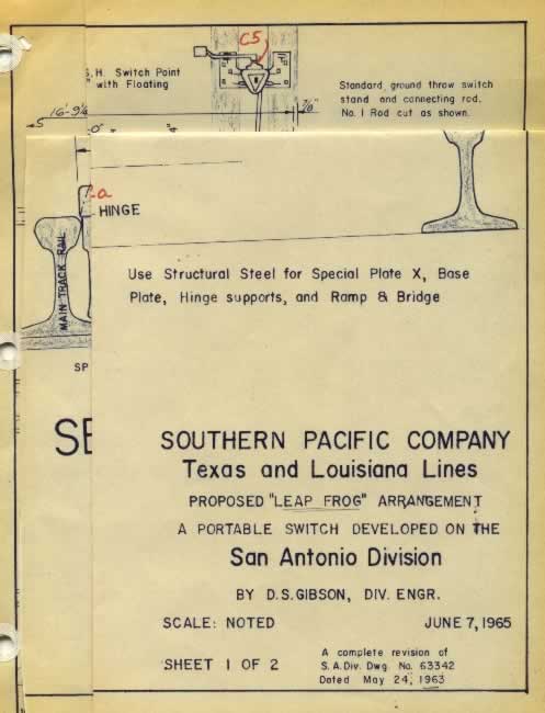 Proposed "Leap Frog" arrangement, a portable railroad switch, developed on the San Antonio Division of the Southern Pacific, by D.S Gibson, Division Engineer Proposed "Leap Frog" arrangement, a portable railroad switch, developed on the San Antonio Division of the Southern Pacific, by D.S Gibson, Division Engineer