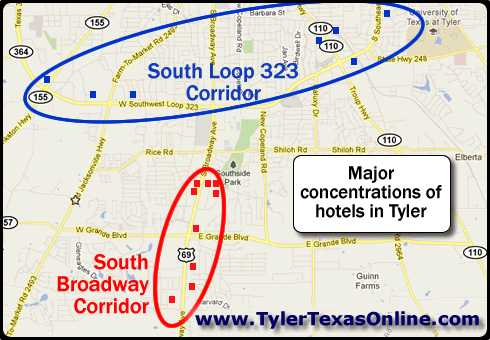 Map of major concentrations of hotels and motels in Tyler Texas Map of major concentrations of hotels and motels in Tyler Texas