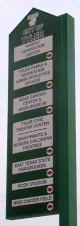 Signs for Harvey Convention Center, Rose Garden, Tyler Civic Theater, East Texas State Fairgrounds, Rose Stadium, and Tyler Parks and Recreation