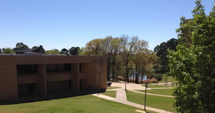 Campus scene with lake at the University of Texas at Tyler