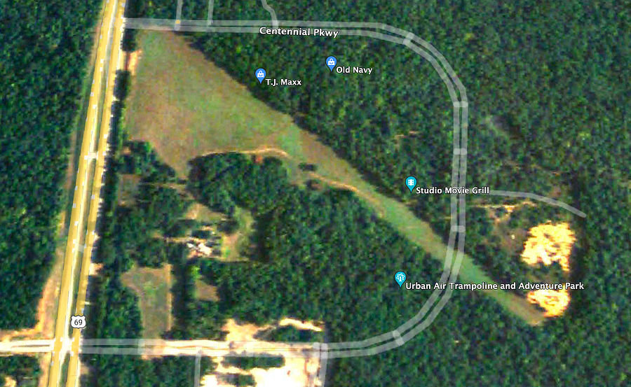 Overlay of the landing strip and airport with the Village at Cumberland Park in Tyler Texas