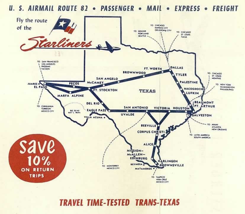 Trans Texas Airways route map circa 1952, showing Tyler flight connections