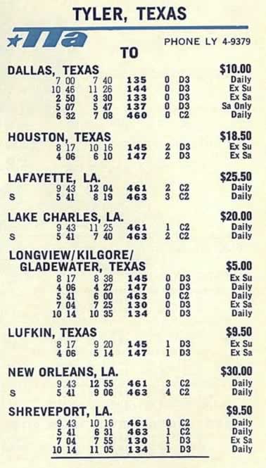Trans Texas Airways 1966 flight schedule for Tyler Texas