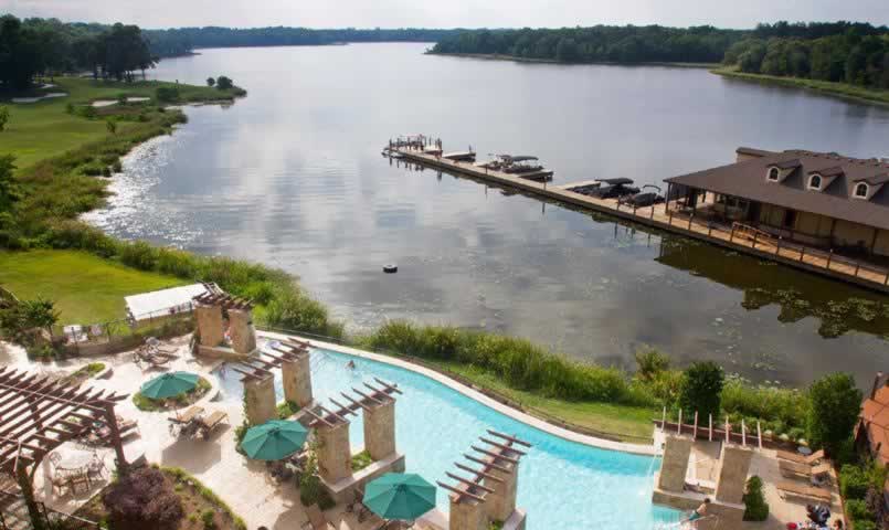 Bellwood Lake overview as seen from the pool and dock at The Cascades in Tyler Texas