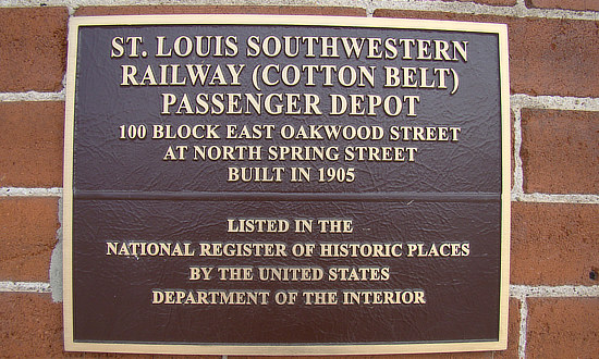 Plaque on the St. Louis Southwestern Railway, the Cotton Belt, passenger depot in Tyler Texas ... on the National Register of Historic Places