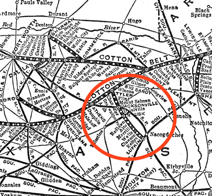 Map of the Cotton Belt route in East Texas in 1939, including the Tyler to Lufkin alignment