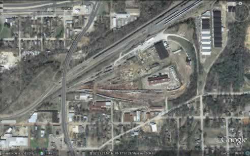 The Cotton Belt yards, Tyler, Texas, aerial view, 2010 (Google Maps)