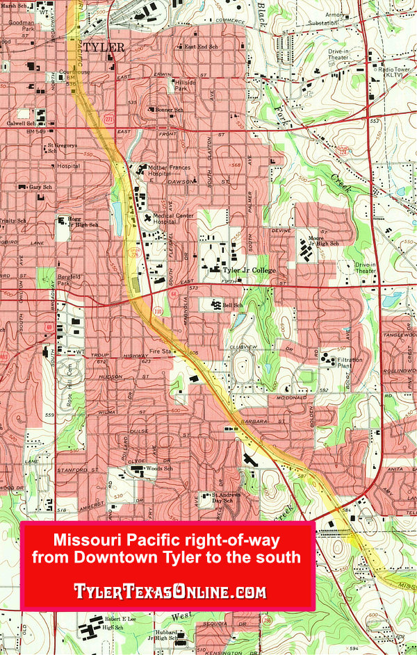 Map showing the right-of-way of the Missouri Pacific Railroad from downtown Tyler to the south towards Whitehouse and Troup