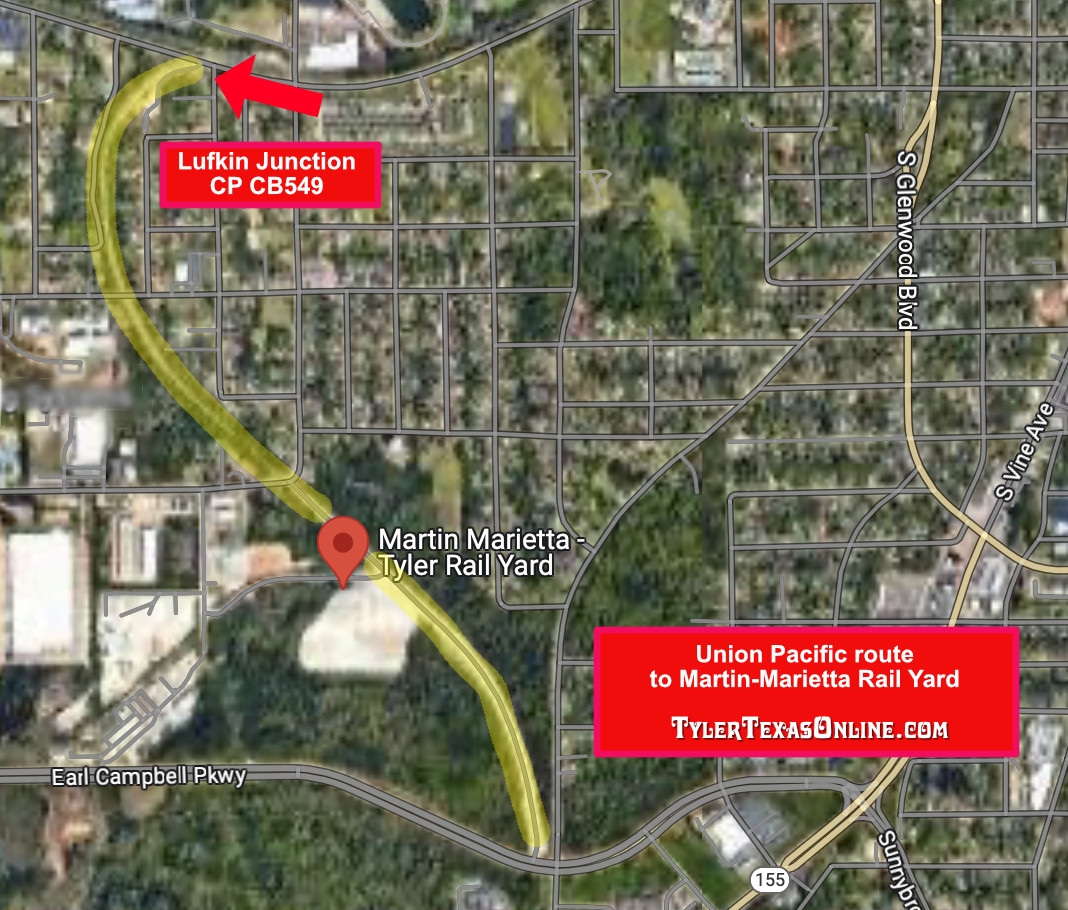 Map showing the current Union Pacific right-of-way in Tyler to the Martin-Marietta Rail Yard