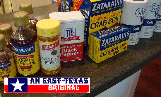 Getting the ingredients ready: shrimp & crab boil, cayenne pepper, black pepper, and salt