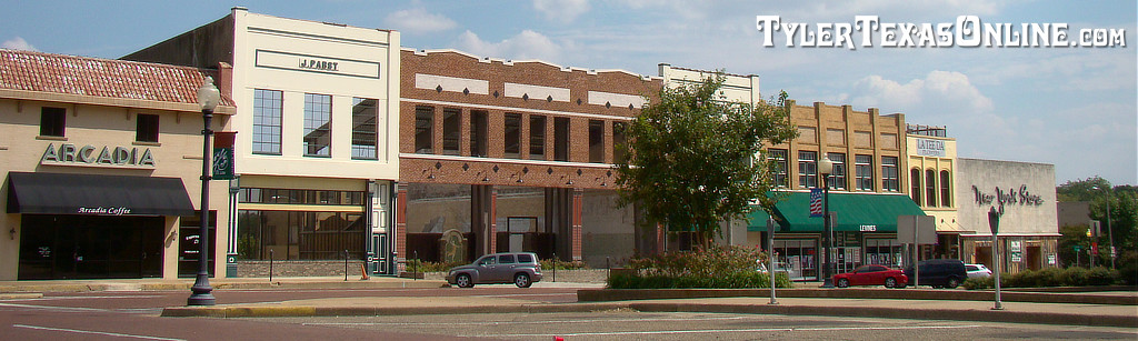 Streetscape, downtown Tyler Texas, including the site of the Arcadia Theater