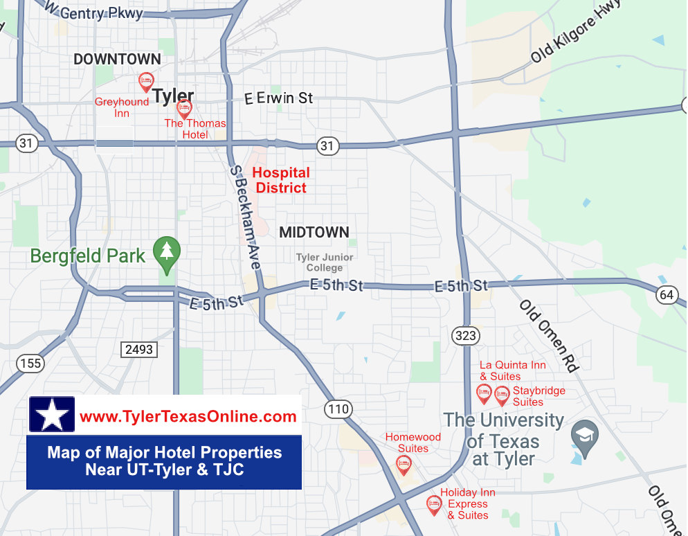 Map of major hotels in Tyler Texas near the University of Texas at Tyler, and Tyler Junior College