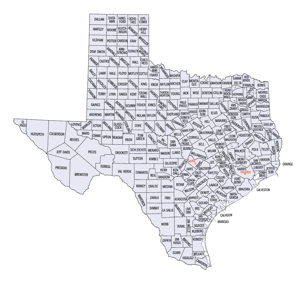 Map of All Texas Counties (click to enlarge)