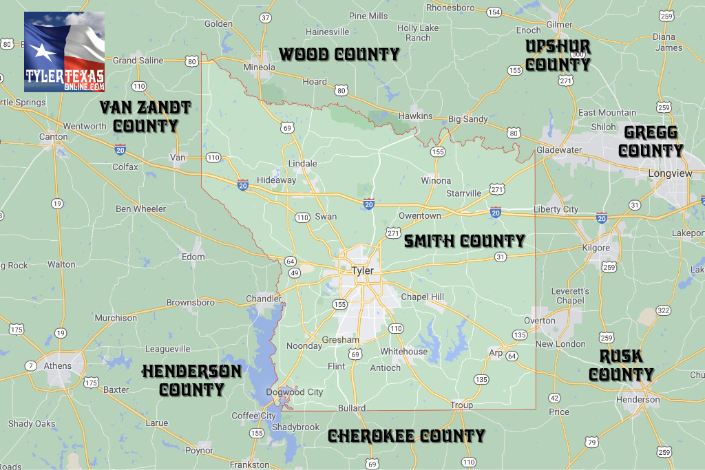 Map of Cities, Towns and Counties Near Tyler Texas and Smith County