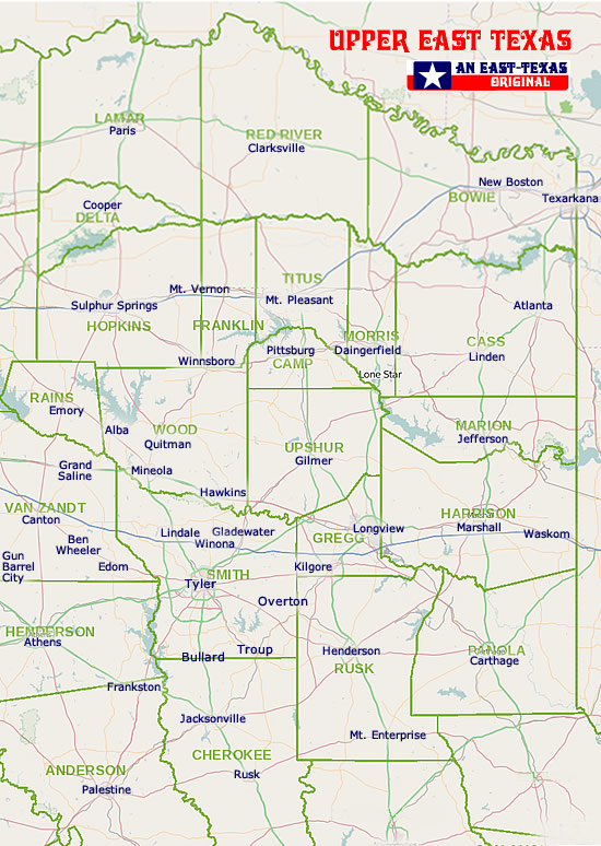 Map showing the location of Tyler, other major cities and the counties and cities of East Texas