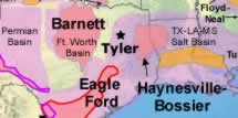 Map showing how Tyler Texas is positioned between the Barnett Shale and the Haynesville - Bossier Shale natural gas plays