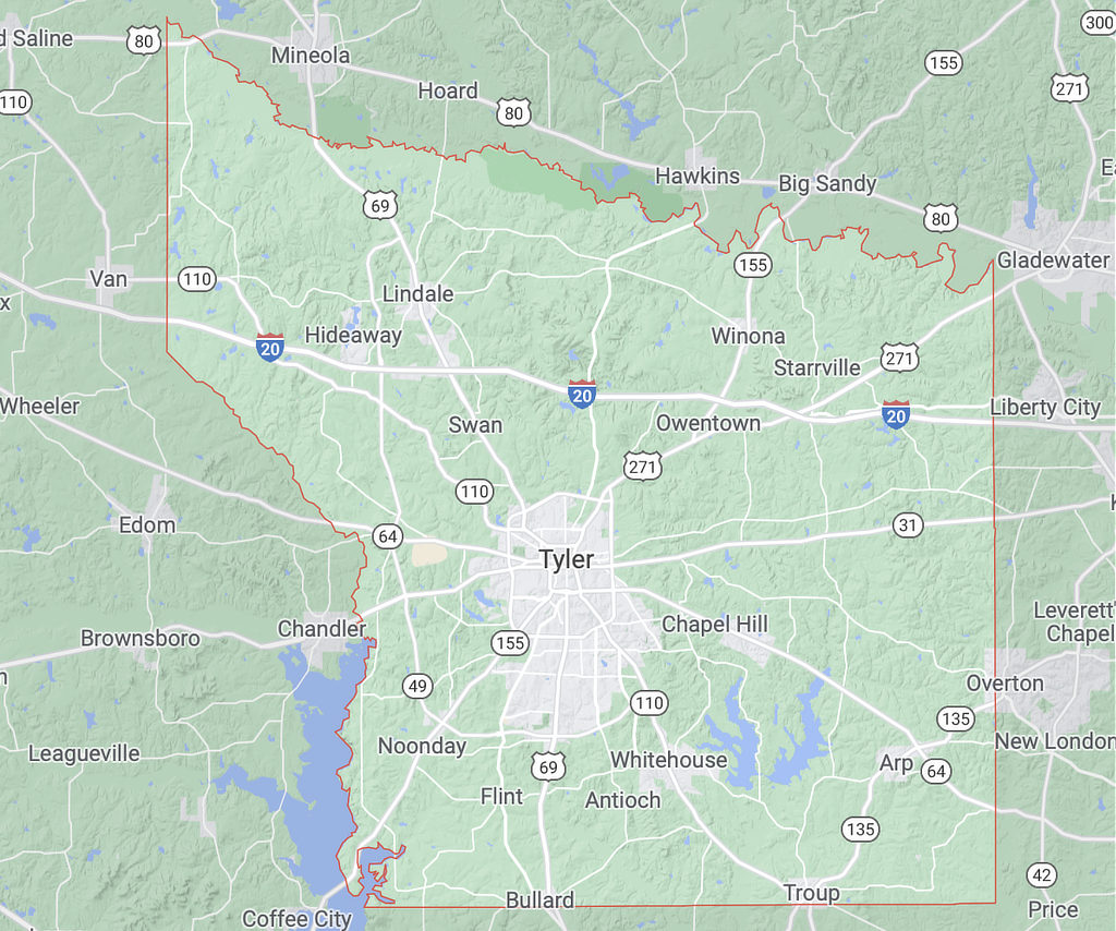 Smith County Texas map showing elevations and location of Tyler