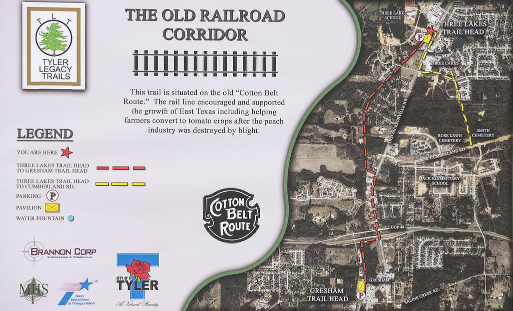 Kiosk showing the location of the Three Lakes Trail Head and the Gresham Trail Head on Legacy Trail in Tyler, Texas along the old railroad corridor