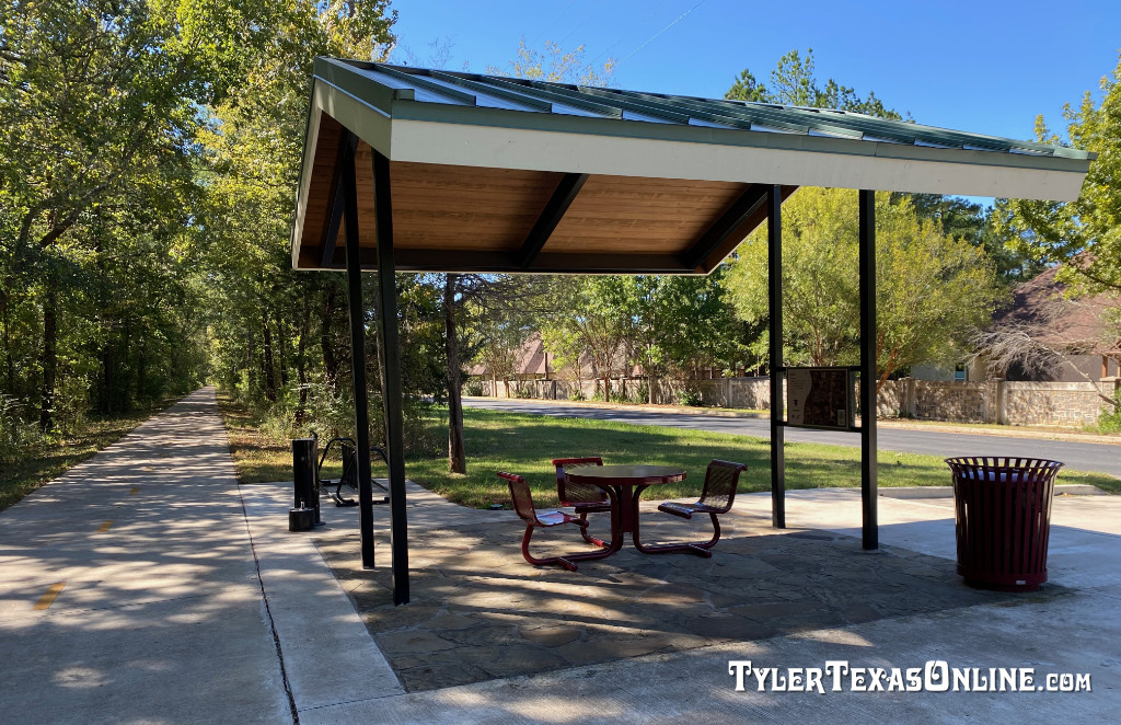Pavilion, bike rack and water fountain on Legacy Trails on Mahar Road at The Crossing