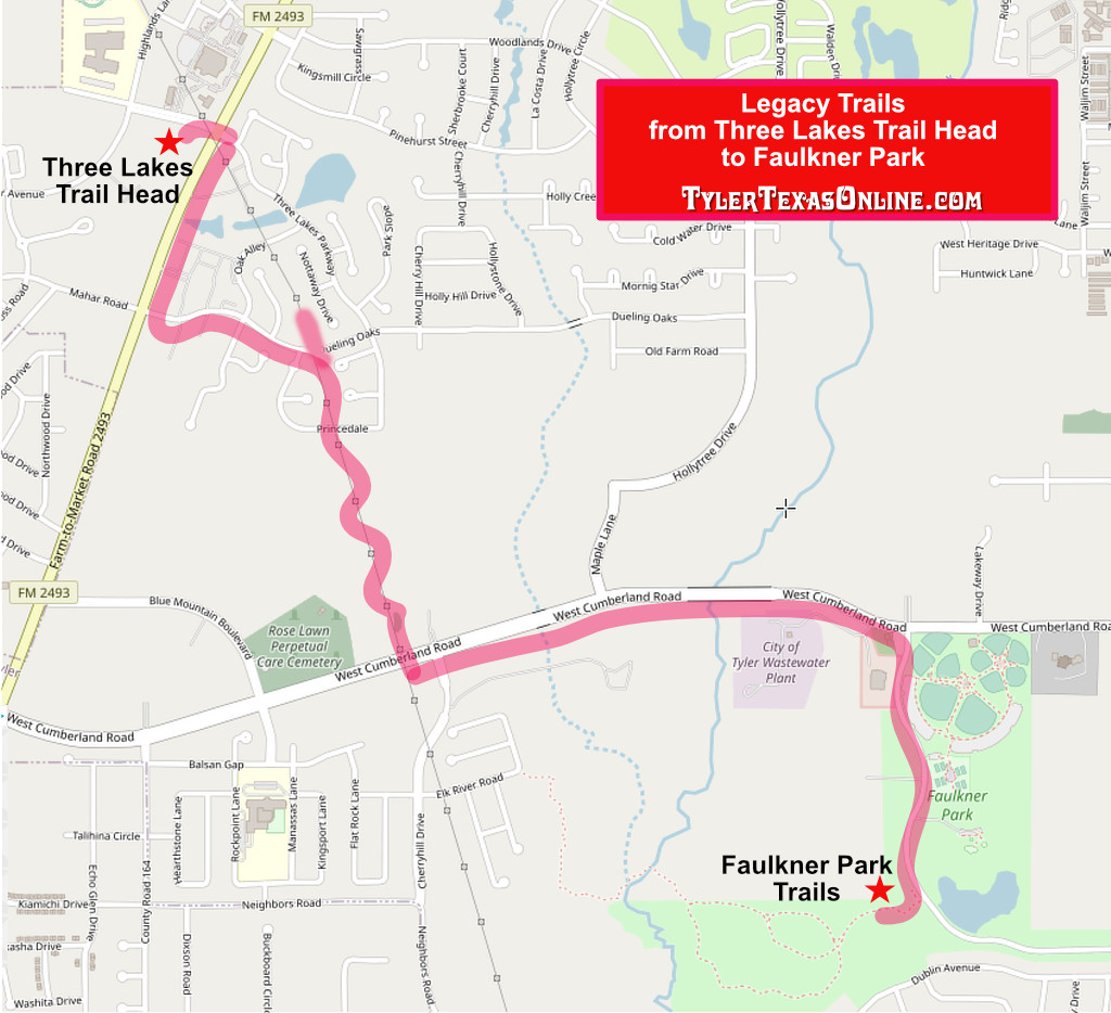 Map showing the route of Legacy Trails from the Three Lakes Trail Head to Faulkner Park in Tyler, Texas