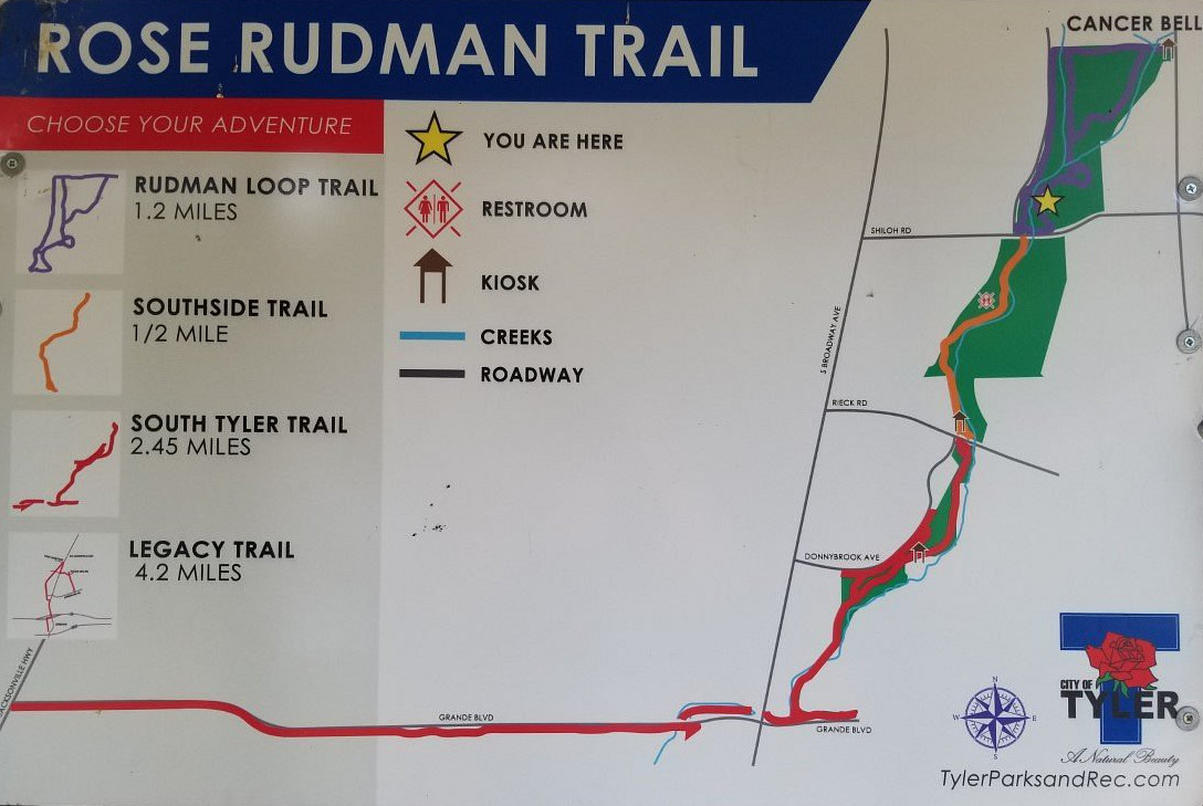 FCity of Tyler sign showing a map of the center-city trails