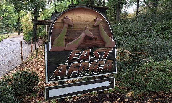 Sign pointing to the East Africa area at the Caldwell Zoo in Tyler Texas