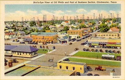 Bird's eye view of oil wells and business section, Gladewater,Texas