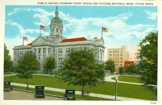 Public square, showing Smith County court house and Citizens National Bank, Tyler, Texas