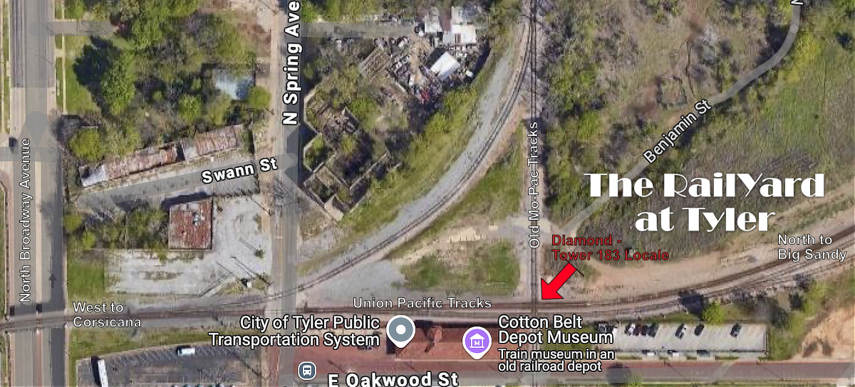Map showing the location of the proposed "RailYard at Tyler" development in downtown Tyler, Texas